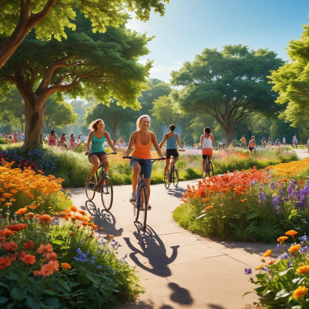 A vibrant, serene scene depicting a diverse group of people engaging in joyful outdoor activities, such as cycling, yoga, and dancing in a sunlit park surrounded by lush greenery. Include elements like bright flowers, uplifting smiles, and flowing movement to evoke a sense of elated living and mobility. The atmosphere should radiate positivity and vitality. super-realistic. vibrant colors. bright blue sky.