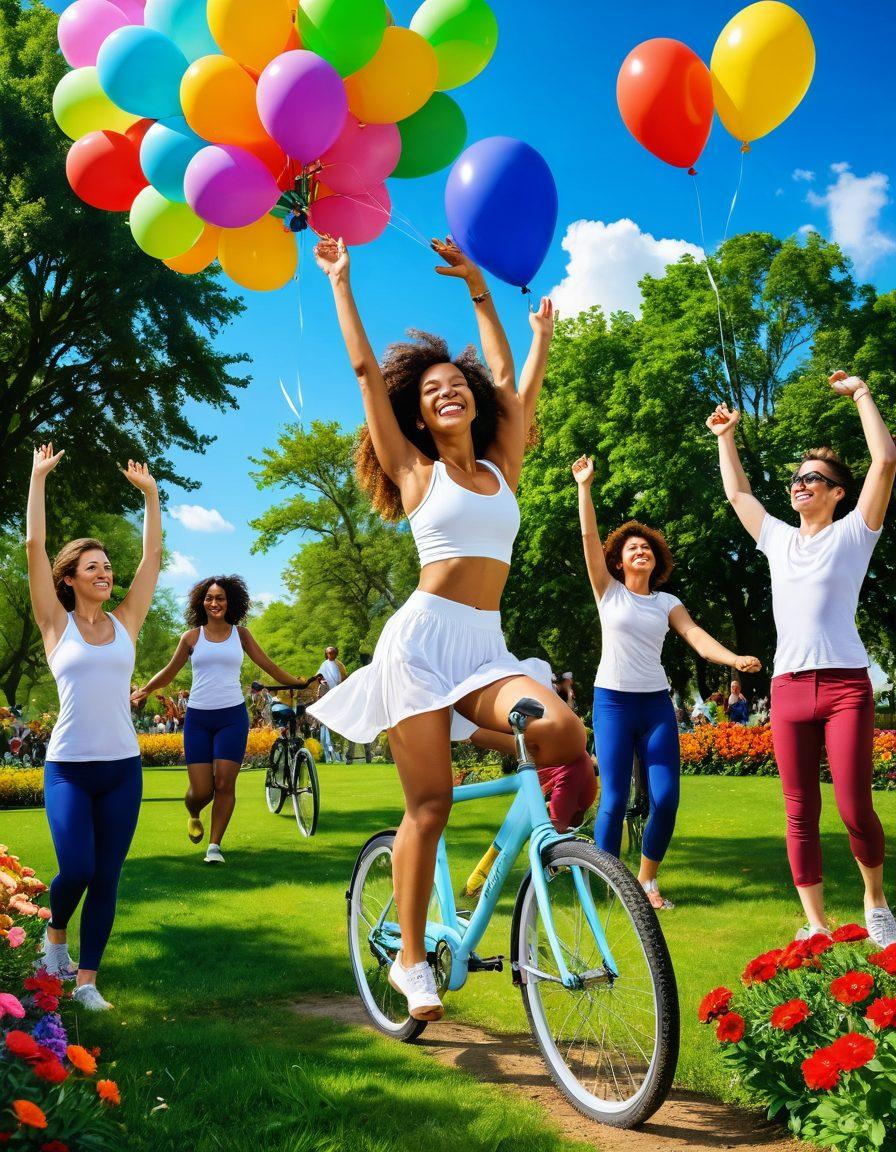 A dynamic scene showcasing diverse individuals joyfully engaging in various forms of movement, such as dancing, yoga, and cycling, in a bright sunlit park filled with colorful flowers and lush greenery. Incorporate playful elements like balloons and smiles to emphasize a cheerful atmosphere. The background features a clear blue sky with soft fluffy clouds, invoking a sense of freedom and positivity. super-realistic. vibrant colors.