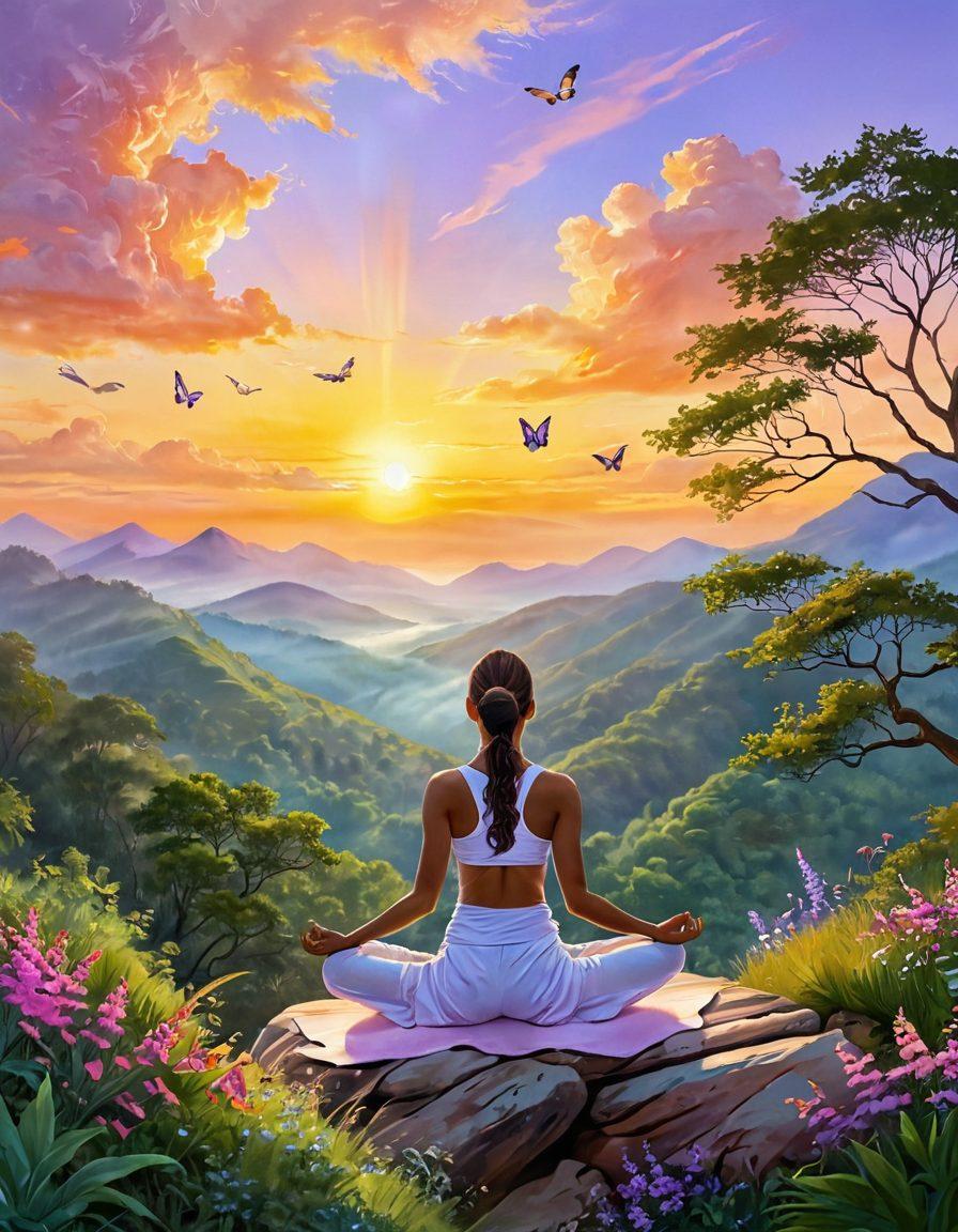 A serene landscape depicting a person practicing yoga on a mountaintop, surrounded by lush greenery and a sunrise casting golden light. Elements of elation can be represented through vibrant butterflies fluttering around, symbolizing freedom and flexibility. The person, with a calm expression, showcases an advanced yoga pose, emphasizing physical well-being. An ethereal atmosphere with soft pastel colors to enhance the feeling of tranquility. painting. vibrant colors.